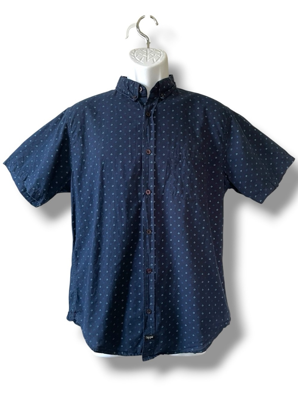 Hype Mens Large Navy Blue Micro Print Button Down Shirt Short Sleeve 100% Cotton